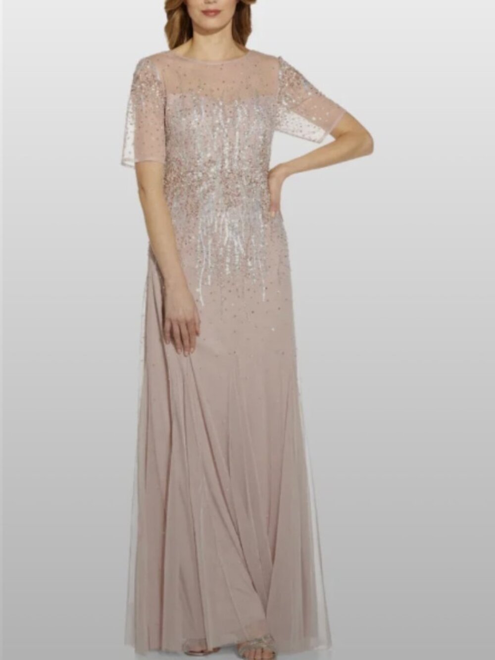 Adrianna Papell Cameo Blush Pink Sequin Beaded Evening Gown Size 8